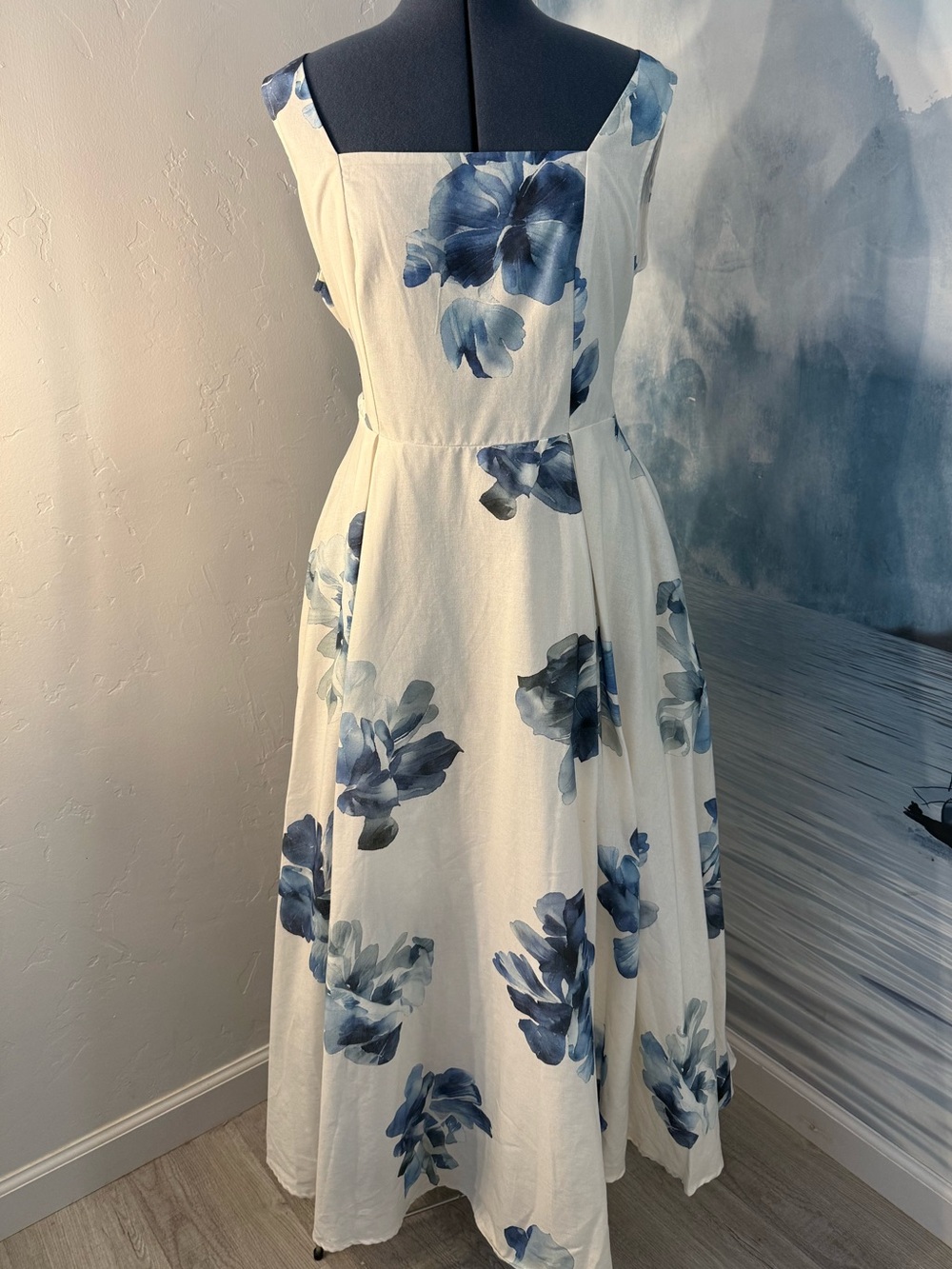 White Midi Dress with Blue Floral Watercolor Print #182